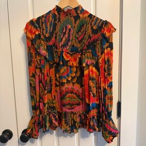 FARM Rio colorful flowers long sleeve blouse with ruffles